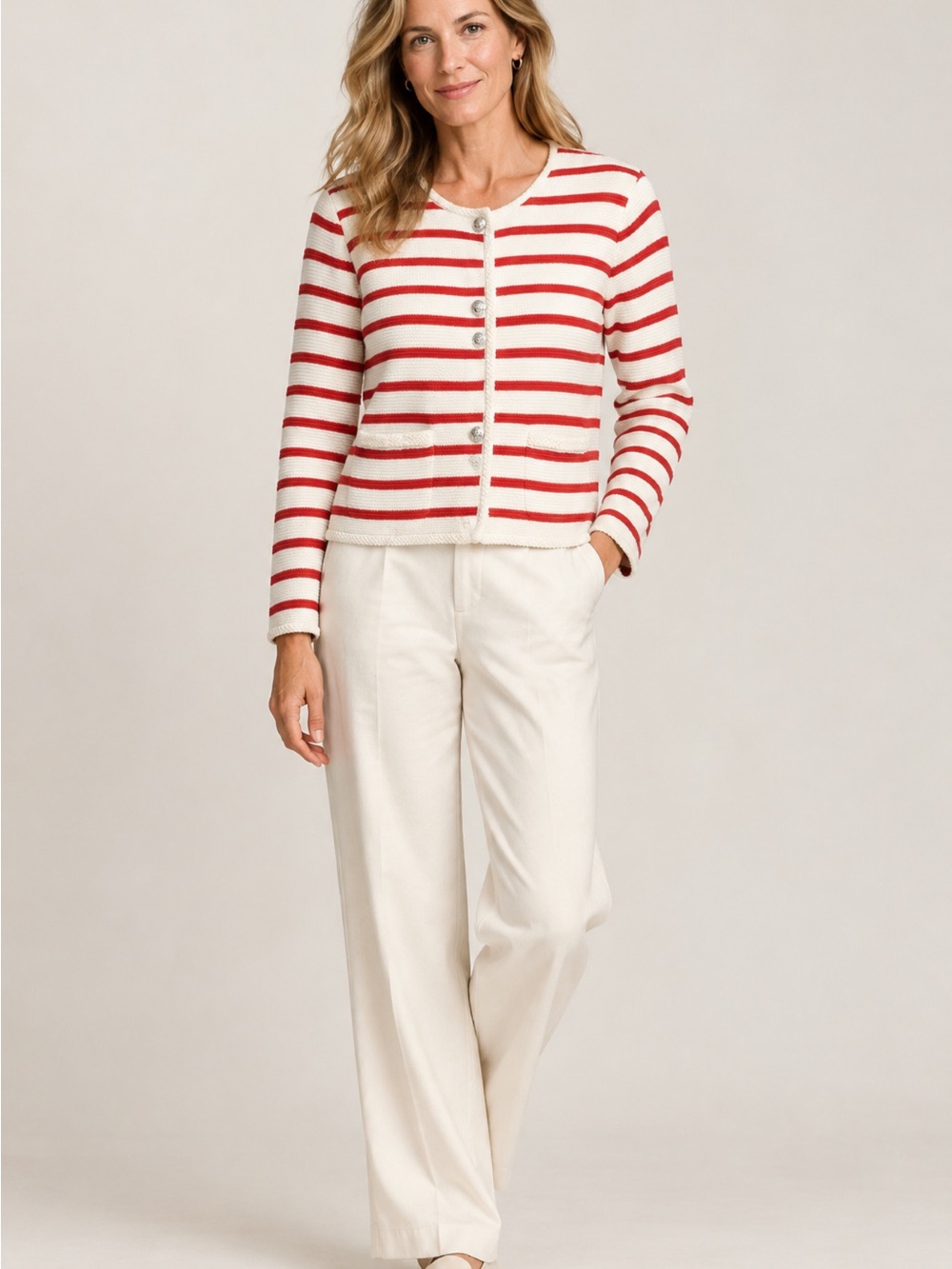 OUI Cream & Red Striped Knit Jacket-Size 36/ 6